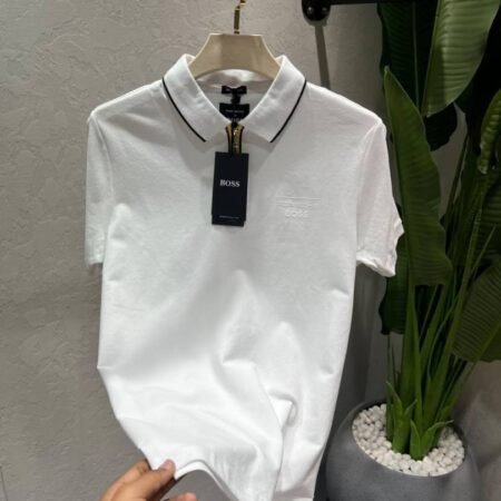 BOS White Premium Cotton Lycra Pique fabric Polo Tshirt with Collar Design and Patch logo Zip Style 4323