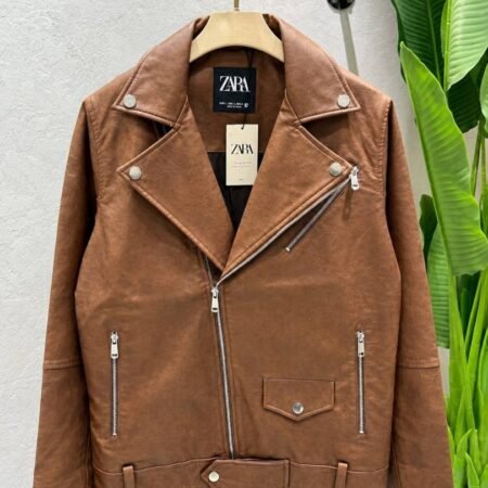 Zar Brown Imported Cross Zip Leather Jacket 3522