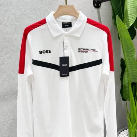 BOS White Premium Cotton Pique fabric Polo Tshirt with Front Design and Emboss Logo 4511