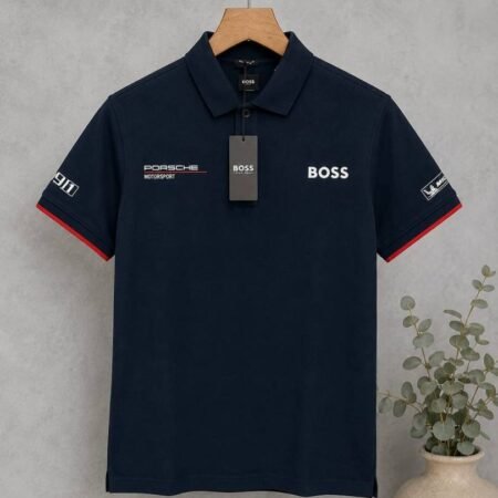 BOS Navy Premium Cotton Lycra Pique fabric Polo Tshirt with Sleeves&Front or Back Design and Patch logo 4322