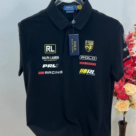 RL Black Premium Cotton Lycra Pique fabric Polo Tshirt with Front & Back Printed Design 4450