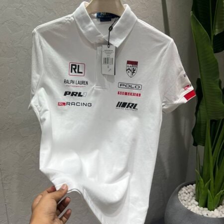 RL White Premium Cotton Lycra Pique fabric Polo Tshirt with Front & Back Printed Design 4450